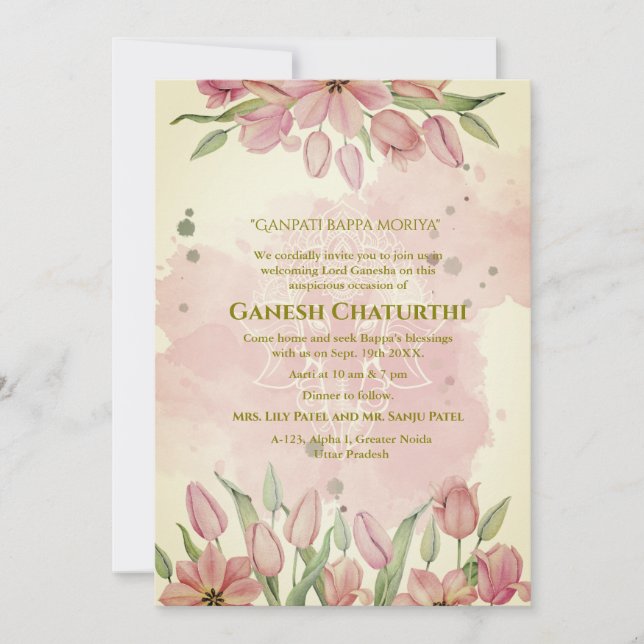Convite Ganesh Chaturthi Puja Pink Floral (Frente)