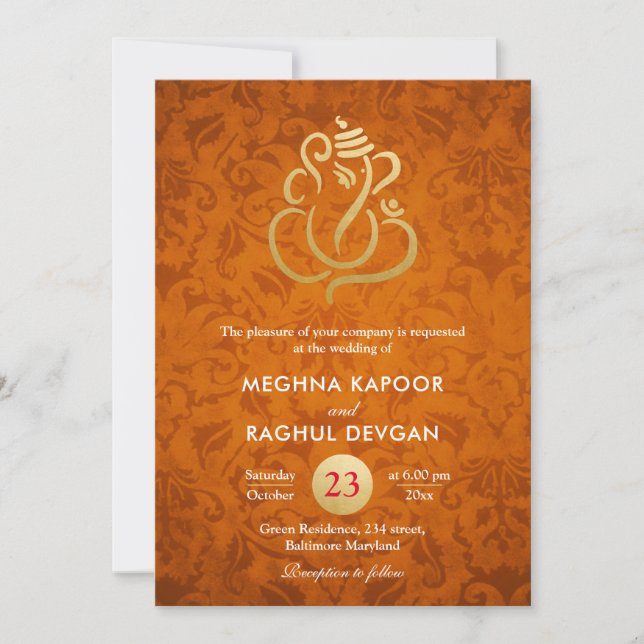 Convite Ganesha/Indian Faux Gold Foil Orange Damask (Frente)