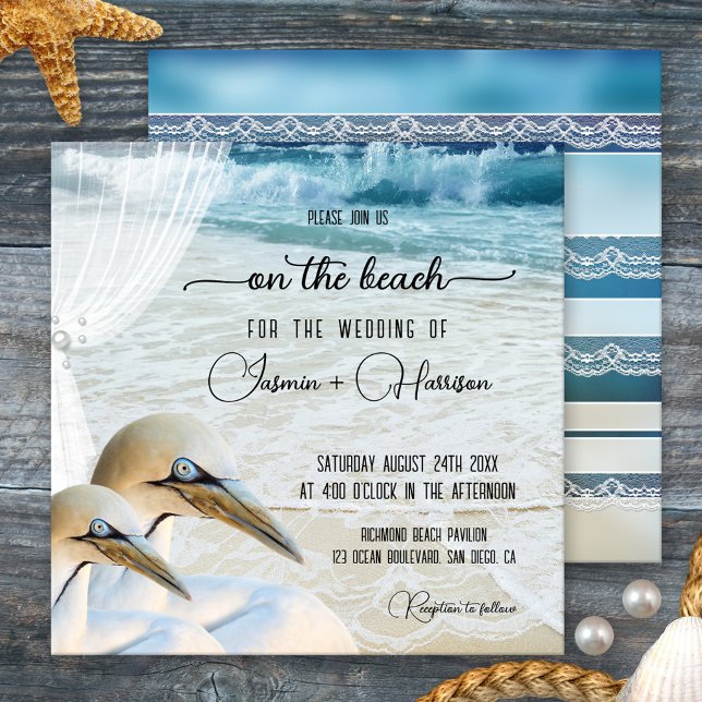 Convite Gannet Beach com Casamento de Destino de Lace (Beach or destination wedding invitation featuring an original design with gannets and a veil)
