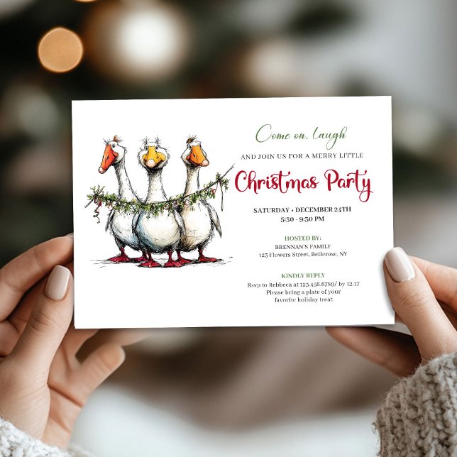 Convite Gansos Divertidos Natal Água-forte Alegre Festa (Christmas Playful Geese Funny Watercolor Party Invite)