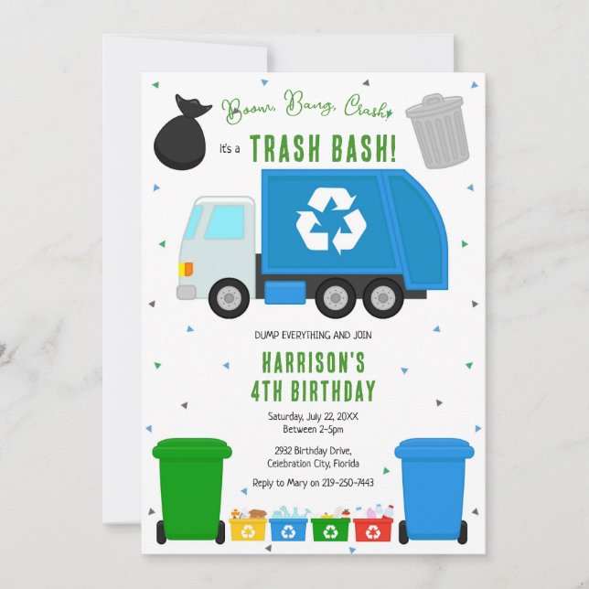 Convite Garbage Trash Truck Birthday Invitation (Frente)