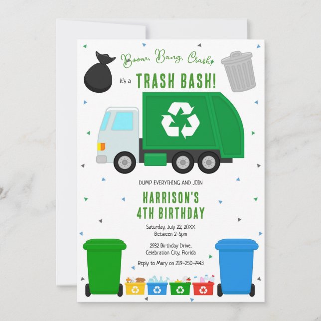 Convite Garbage Trash Truck Birthday Invitation (Frente)