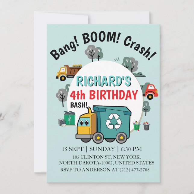 Convite Garbage Truck Themed Kids Trash Party Birthday (Frente)