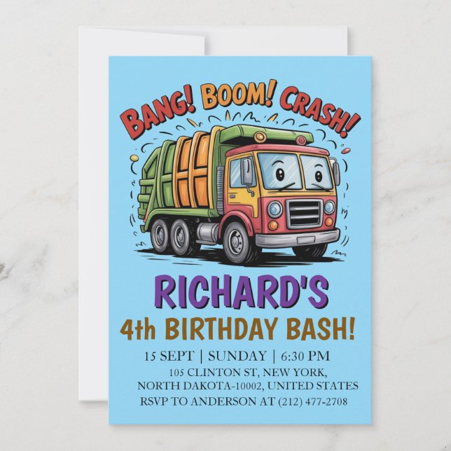 Convite Garbage Truck Themed Kids Trash Party Birthday (Frente)
