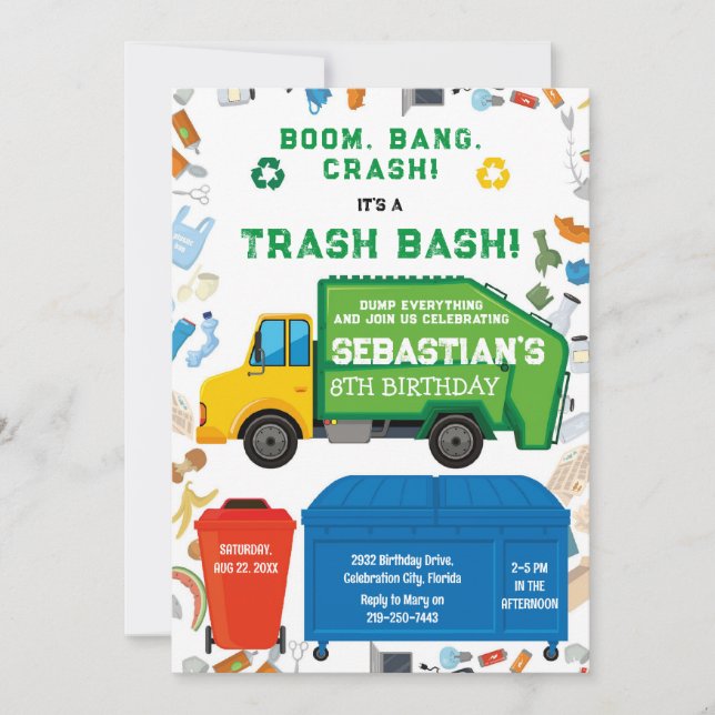 Convite Garbage Truck Trash Bash Boy Birthday Invitation (Frente)