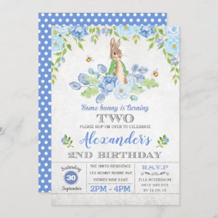 Convite Garden Blue Floral do segundo aniversário Bunny