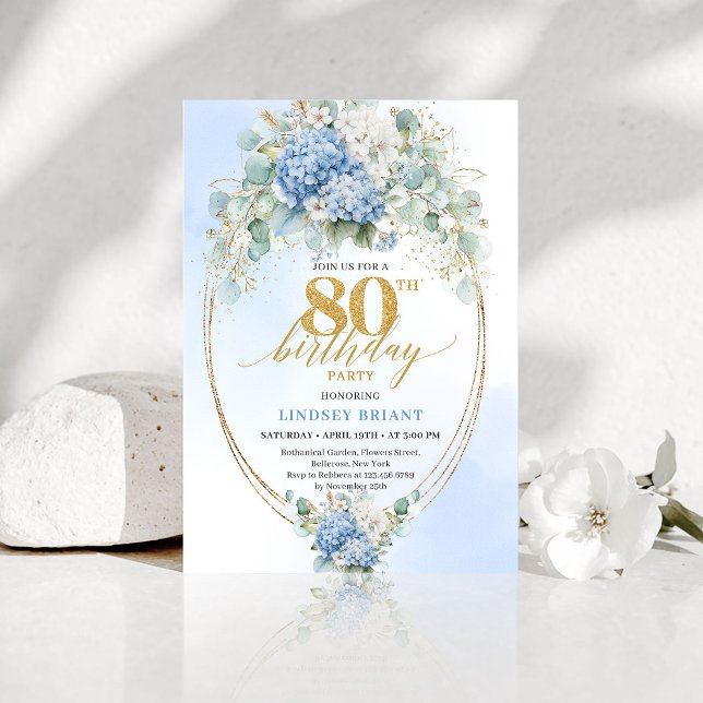 Convite Garden Blue Floral Gold 80th Birthday Invitation (Garden Blue Floral Gold 80th Birthday Invitation)