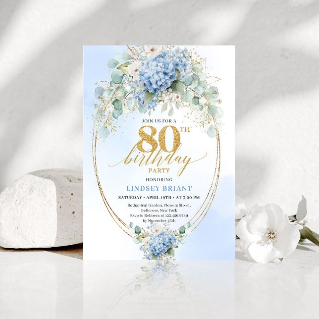 Convite Garden Blue Floral Gold 80th Birthday Invitation (Garden Blue Floral Gold 80th Birthday Invitation)