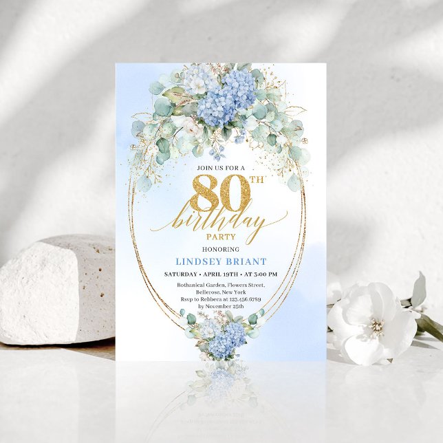 Convite Garden Blue Hydrangea Gold 80th Birthday Invites (Garden Blue Hydrangea Gold 80th Birthday Invitation)