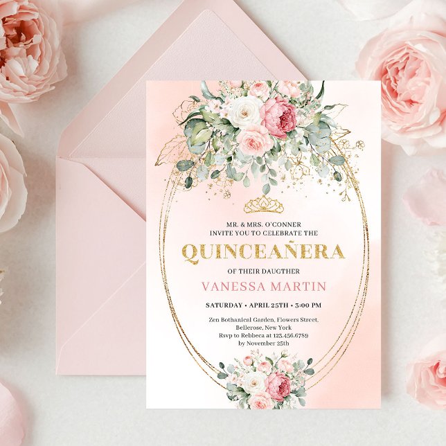 Convite Garden Blush Pink Boho Quinceañera Floral Invite (Garden Blush Pink Boho Quinceañera Floral Invitation)