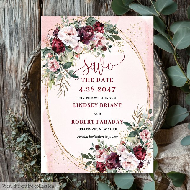 Convite Garden Boho Burgundy Blush Gold Roses Save Date (Garden Boho Burgundy Blush Gold Roses Save Date)