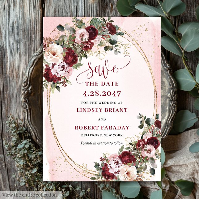 Convite Garden Boho Merlot Blush Gold Roses Save the Date (Garden Boho Merlot Blush Gold Roses Save the Date

)
