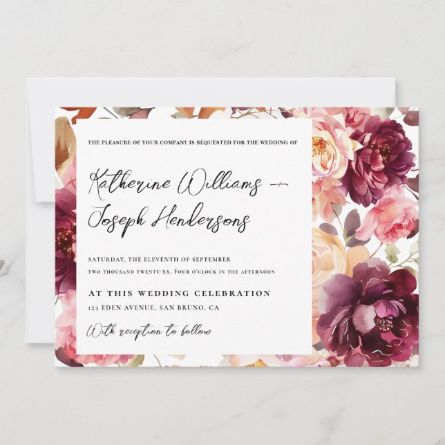 Convite Garden Burgundy Script calligraphy Details Wedding (Frente)