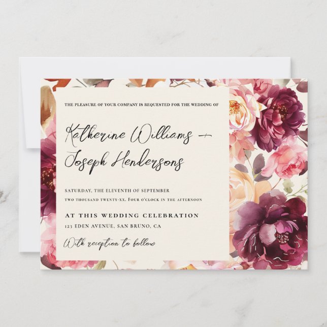 Convite Garden Burgundy Script calligraphy Details Wedding (Frente)