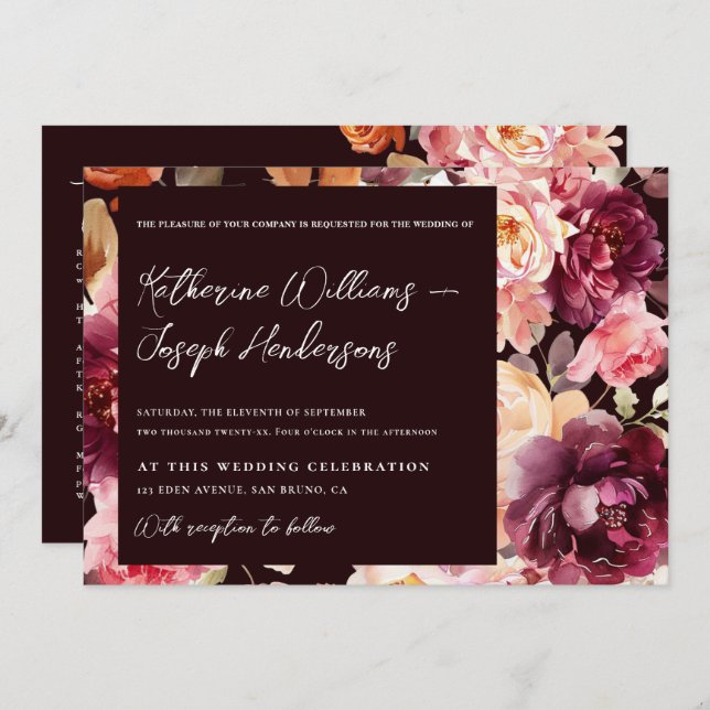 Convite Garden Burgundy Script calligraphy Details Wedding (Frente/Verso)