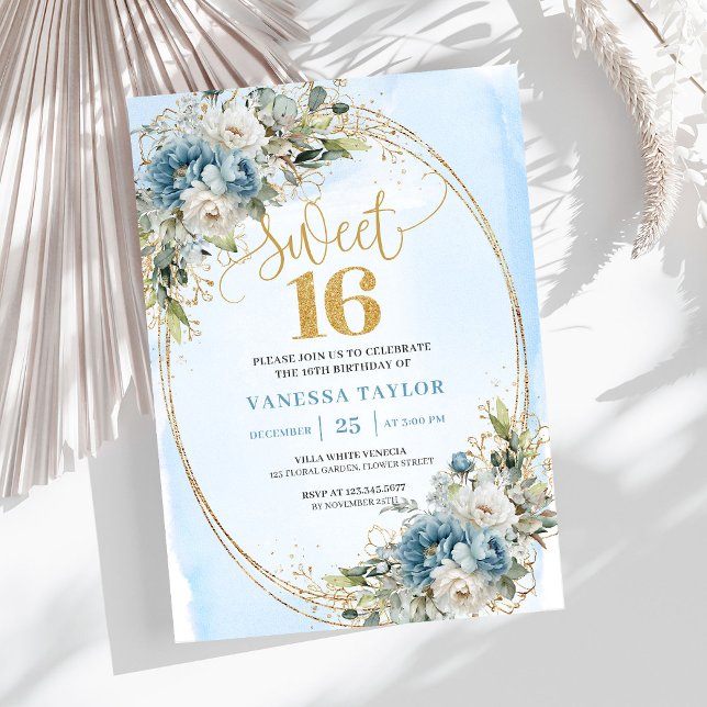 Convite Garden Dusty Blue Floral Sweet 16th Birthday   (Garden Dusty Blue Floral Sweet 16th Birthday Invite)
