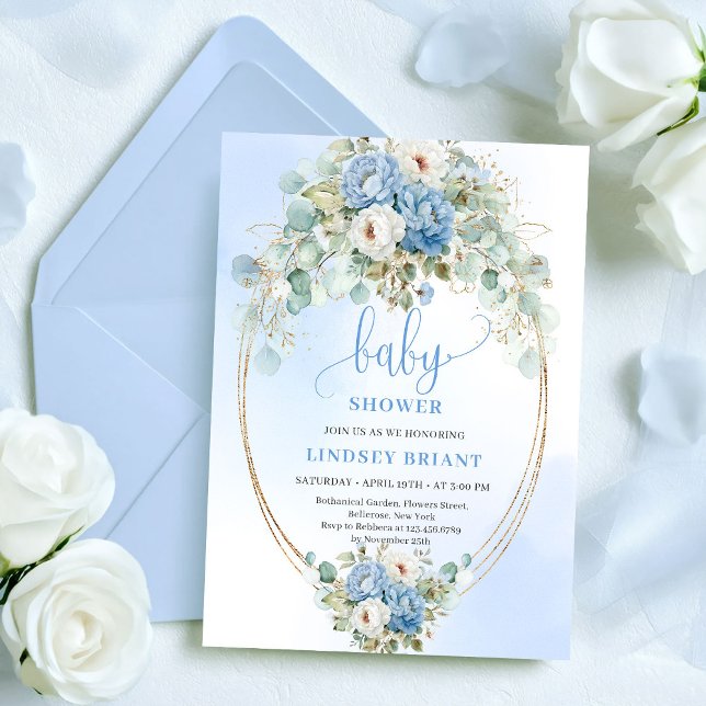 Convite Garden Dusty Blue Flowers Greenery Baby Shower (Garden Dusty Blue Flowers Greenery Baby Shower Invitation)