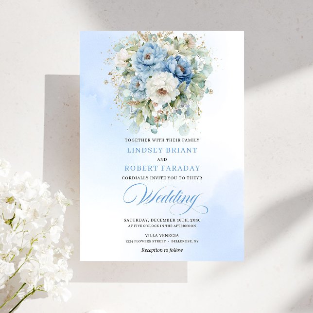Convite Garden Dusty Blue White Flowers Gold Wedding (Garden Dusty Blue White Flowers Gold Wedding)