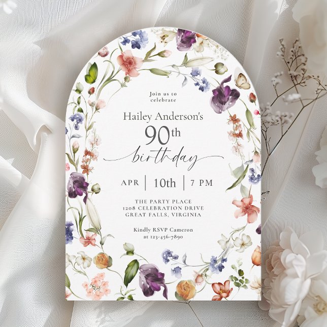 Convite Garden Flowers Botanical Script 90th Birthday (Criador carregado)