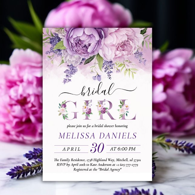 Convite Garden Flowers de Púrpura e Rosa Garden Girl Chá d (Purple & Pink Garden Flowers Bridal Shower Girl Invitation)