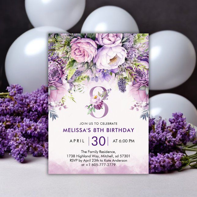 Convite Garden Flowers Roxo e Rosa 8º Aniversário (Purple & Pink Garden Flowers Girl 8th Birthday Invitation)