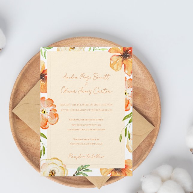 Convite Garden Meadow Soft Peach Floral Wedding Invitation (Soft Peach Garden Meadow Florals Wedding Invitation | Watercolor Floral Garden Wedding Invite)
