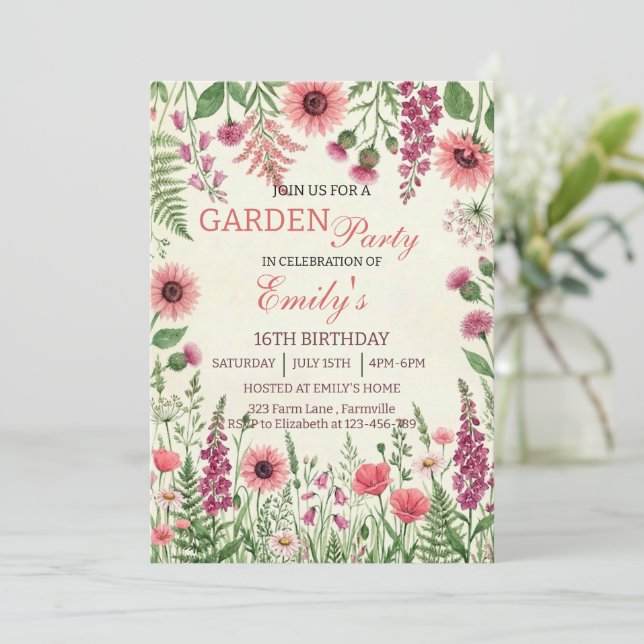 Convite Garden Party Watercolor Wildflower Floral Birthday (Em pé/Frente)