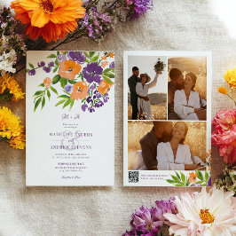 Convite Garden Purple Orange Floral photos Qr code wedding
