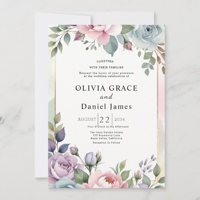 Convite Garden Romantic Pastel Watercolor Floral Wedding (Frente)