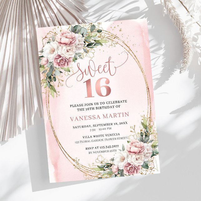 Convite Garden Rose Gold Flowers and Greenery Sweet 16  (Garden Rose Gold Flowers and Greenery Sweet 16 Invite)