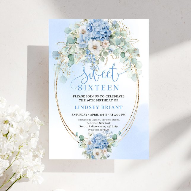 Convite Garden Script Blue Floral Gold Sweet 16 Birthday  (Garden Script Blue Floral Gold Sweet 16 Birthday Invite)