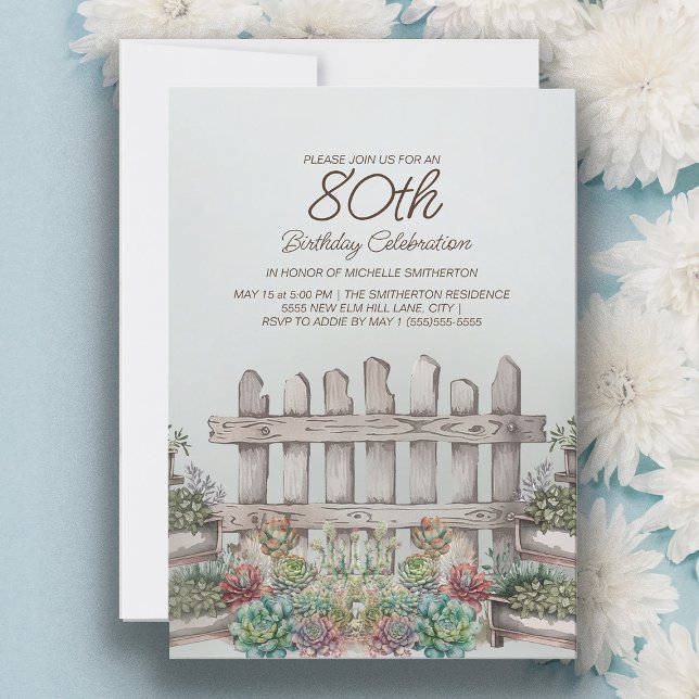 Convite Garden Succulents Gate Botanical 80 Birthday (Garden and succulents 80th birthday party invitation for women)