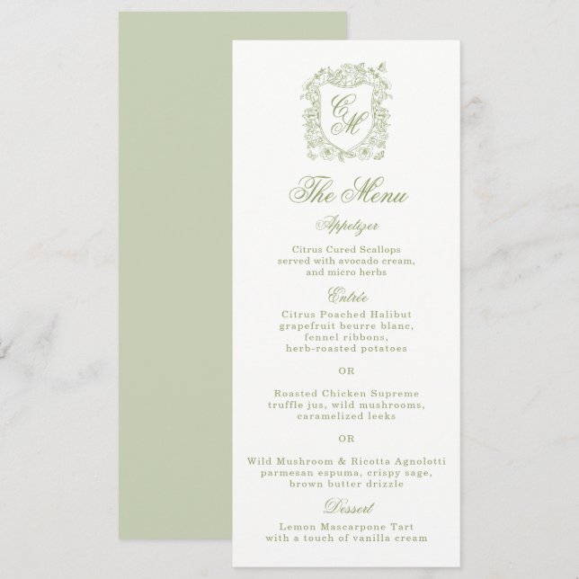 Convite Garden Wedding Sage Green Monogram Crest Menu Card (Frente/Verso)