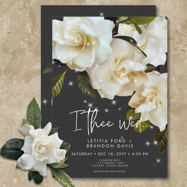 Convite Gardenias Brancas Modernas em Casamento de Faíscas (Modern White Gardenias on Black Sparkle Wedding Invitation)