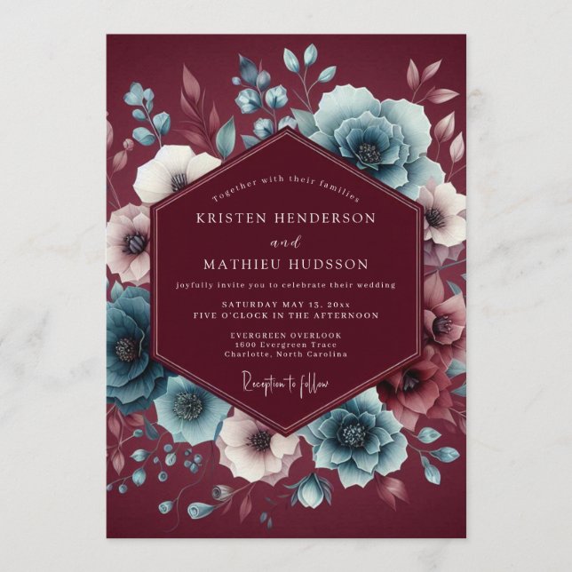Convite Garnet Slate Moody Bloom Wedding (Frente)