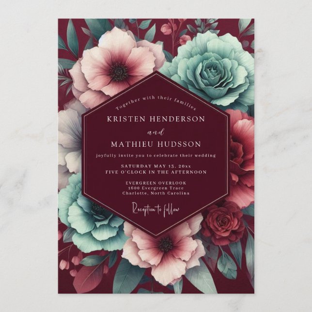 Convite Garnet Teal Moody Bloom Wedding (Frente)