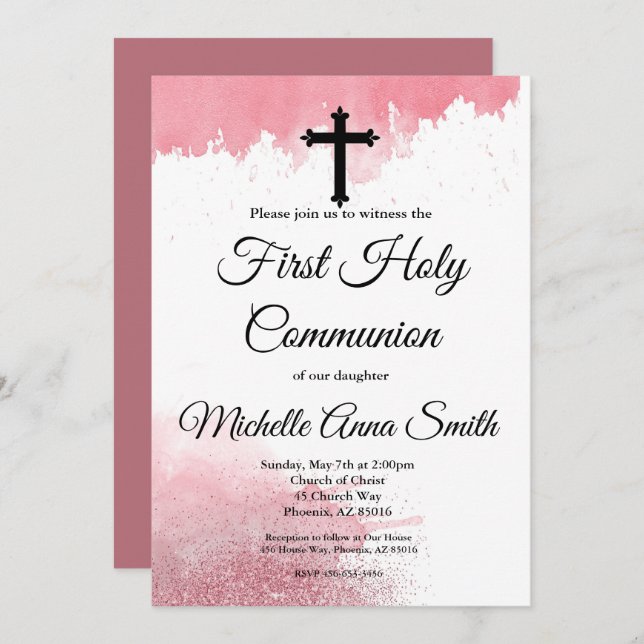 Convite Garota 1rua da Primeira Comunhão Rosa Dourada (Frente/Verso)