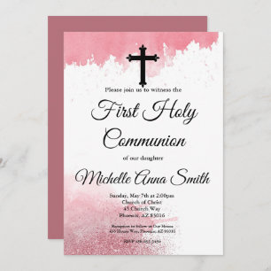 Convite Garota 1rua da Primeira Comunhão Rosa Dourada