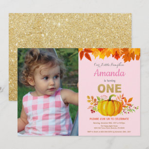 Convite Garota Abóbora Primeiro Aniversário Dourada Glitte