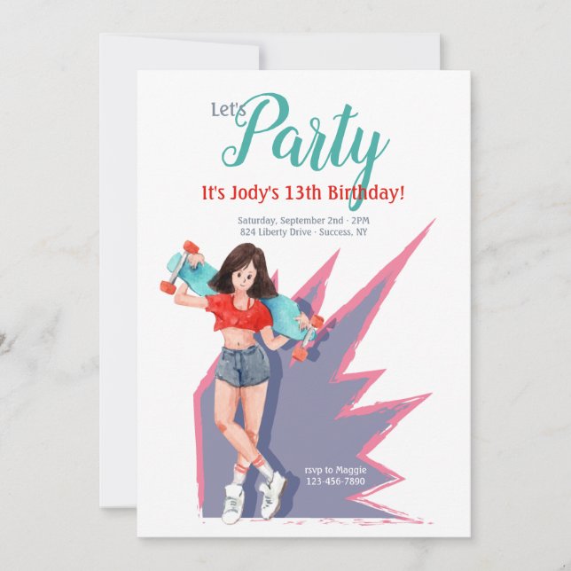 Convite Garota adolescente com skate (Frente)