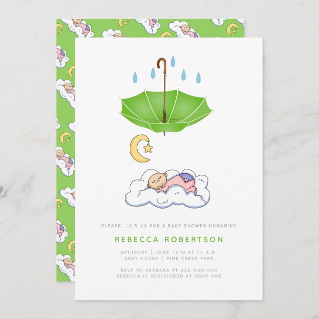 Convite Garota adormecida chá guarda-chuva verde (Frente/Verso)