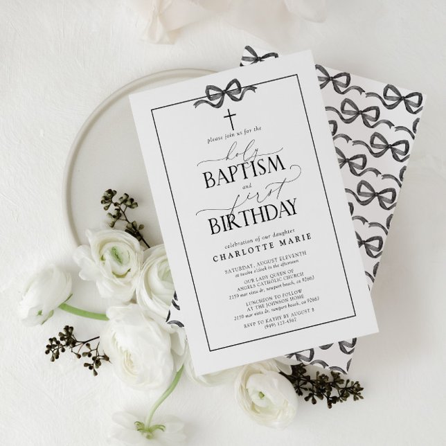 Convite Garota Arco Negra Sagrada Batismo e primeiro anive (Easily personalize this beautiful baptism and first birthday invitation with your personal details)