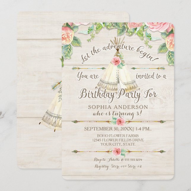 Convite Garota Aventura BoHO Teepee Arrow Wood (Frente/Verso)