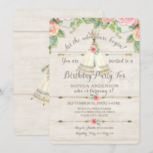 Convite Garota Aventura BoHO Teepee Arrow Wood