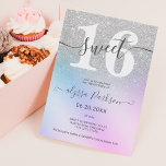 Convite Garota azul-rosa-cinzenta Doce 16<br><div class="desc">O brilho ombre das pratas brilha no gradiente azul roxo cor-de-rosa com um convite de aniversário de tipografia de caligrafia de script doce 16. Perfeito para um moderno elegante e doce partido de dezesseis. Adicione sua foto atrás.</div>