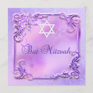 Convite Garota Bat Mitzvah Bonito Floral Rosa Roxo