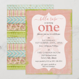 Convite Garota Bebê Aniversário Shabby Rosa Algodão Idade 