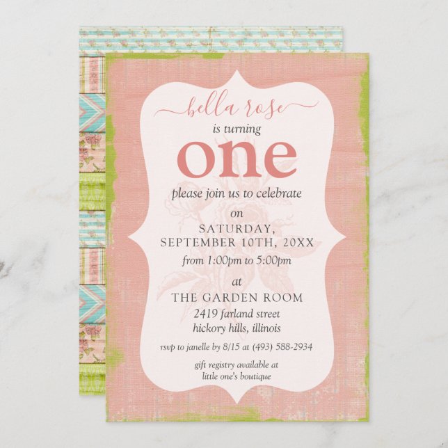 Convite Garota Bebê Aniversário Shabby Rosa Algodão Idade  (Frente/Verso)