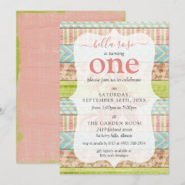 Convite Garota Bebê Aniversário Shabby Rosa Algodão Idade 