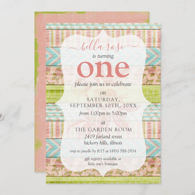 Convite Garota Bebê Aniversário Shabby Rosa Algodão Idade  (Frente/Verso)